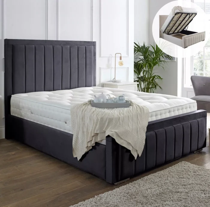 NEW OTTOMAN STORAGE PANEL PLUSH VELVET UPHOLSTERED BED FRAME DOUBLE & KING SIZE - Image 5