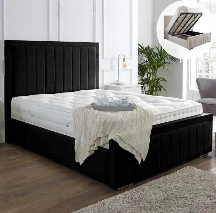 NEW OTTOMAN STORAGE PANEL PLUSH VELVET UPHOLSTERED BED FRAME DOUBLE & KING SIZE - Image 3