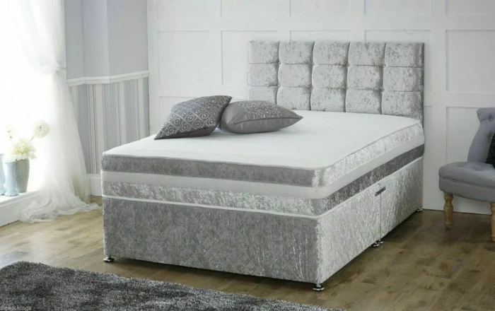 NEW CRUSHED VELVET DIVAN BED WITH MATCHING MATTRESS AND FREE 20" HEADBOARD