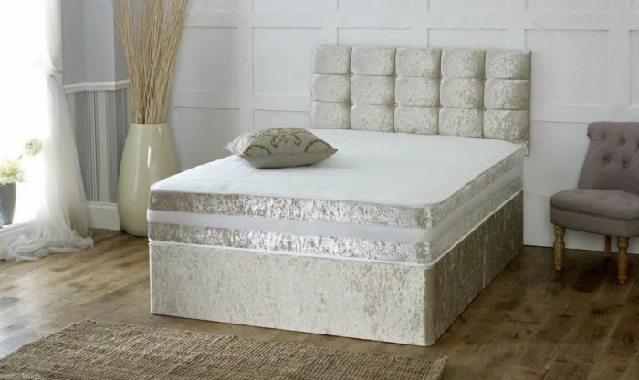 NEW CRUSHED VELVET DIVAN BED WITH MATCHING MATTRESS AND FREE 20" HEADBOARD - Image 13