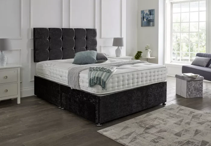 SUEDE MEMORY FOAM DIVAN BED SET WITH MATTRESS & HEADBOARD 4FT6 DOUBLE 5FT KING