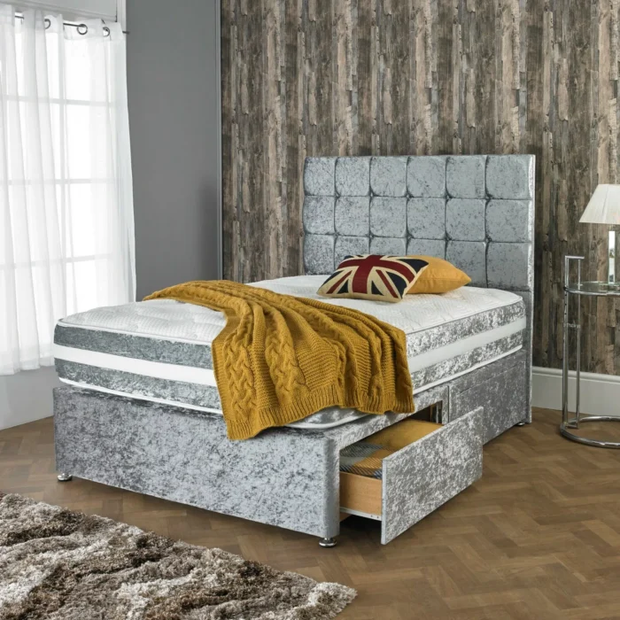 NEW CRUSHED VELVET DIVAN BED WITH MATCHING MATTRESS AND FREE 20" HEADBOARD